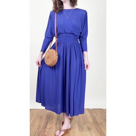 Vintage Draped Pleated Open Back Midi Dress Long Sleeve Wedding Guest 80s 90s - Picture 4 of 8